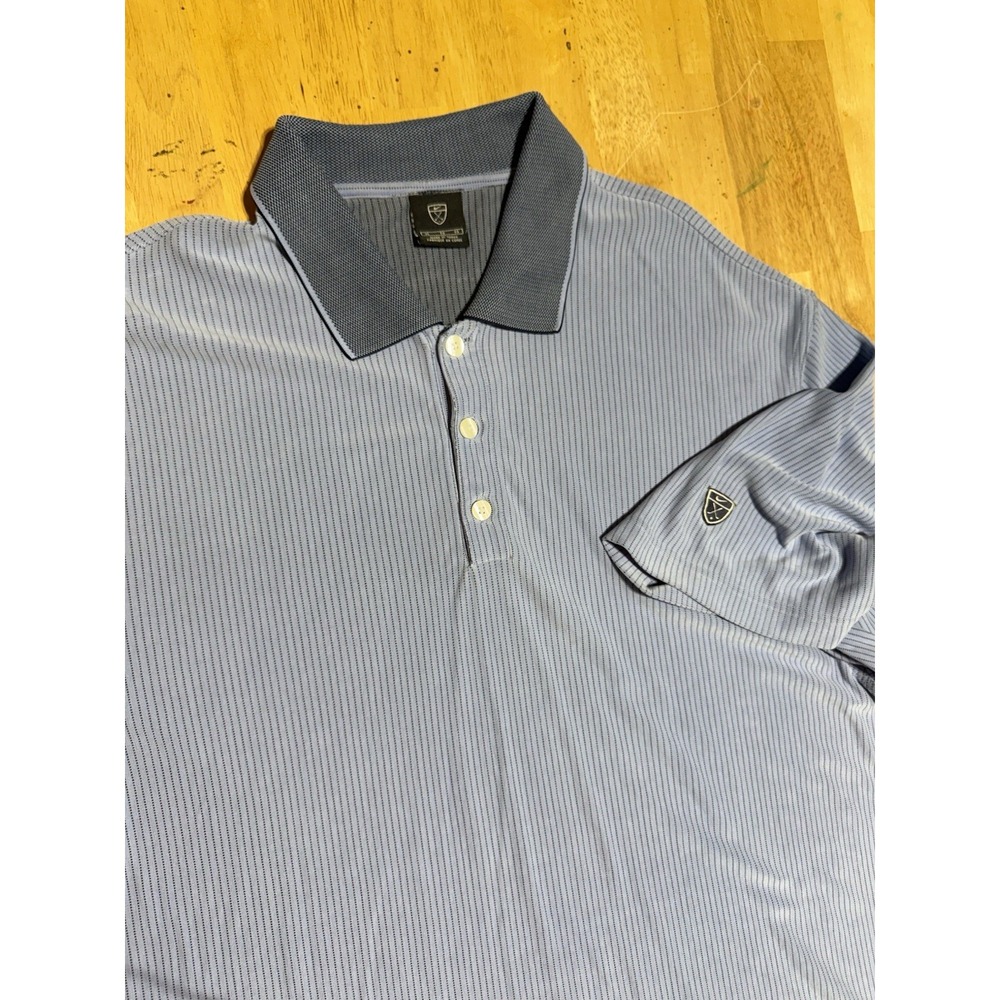 Nike Golf Polo Shirt Mens XL Tall Blue Pinstripe Shield Crest Y2K Rayon Blend